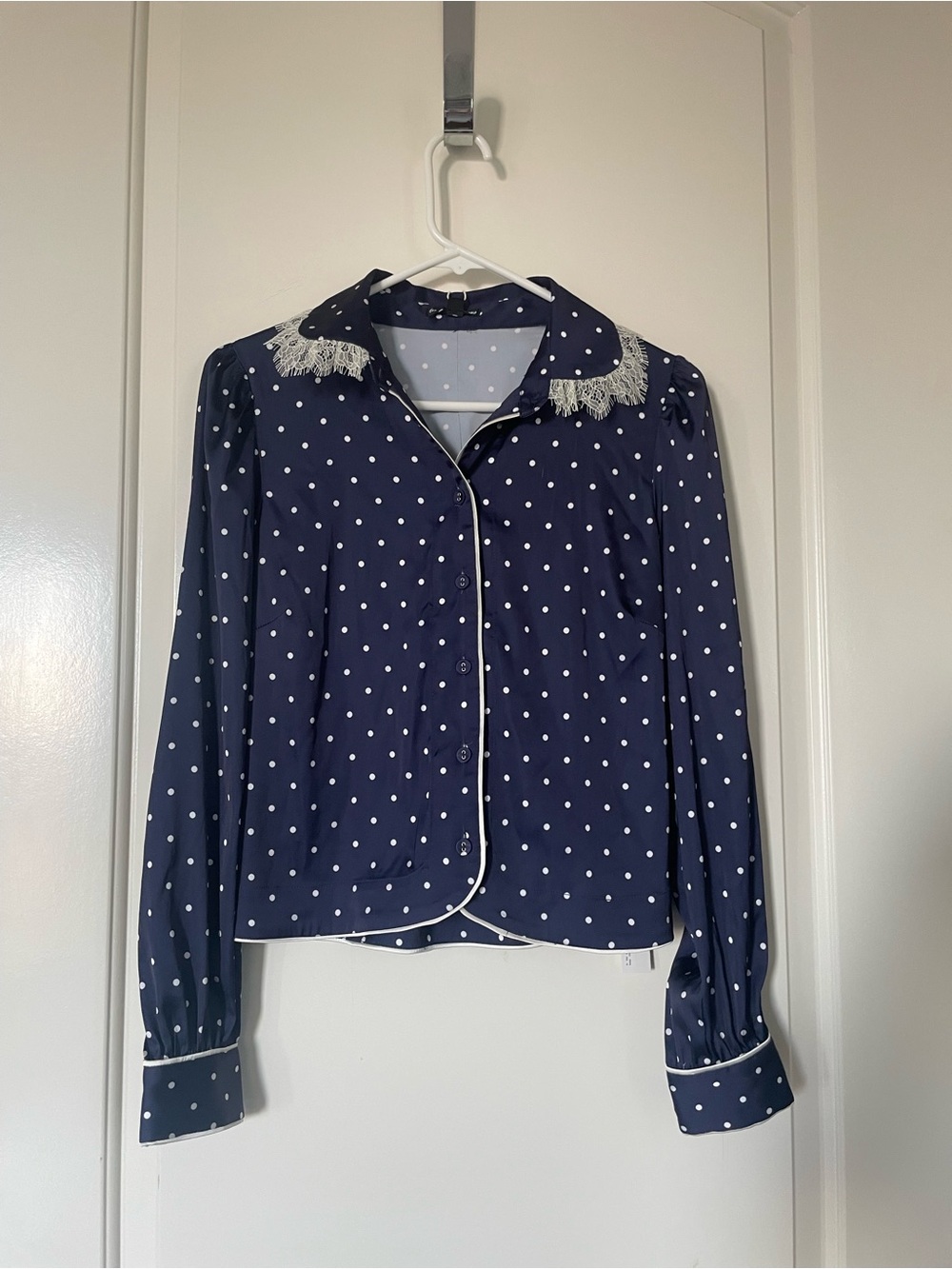 For Love & Lemons Navy Polka Dot Blouse with Cream Lace Trim - Picture 3 of 8